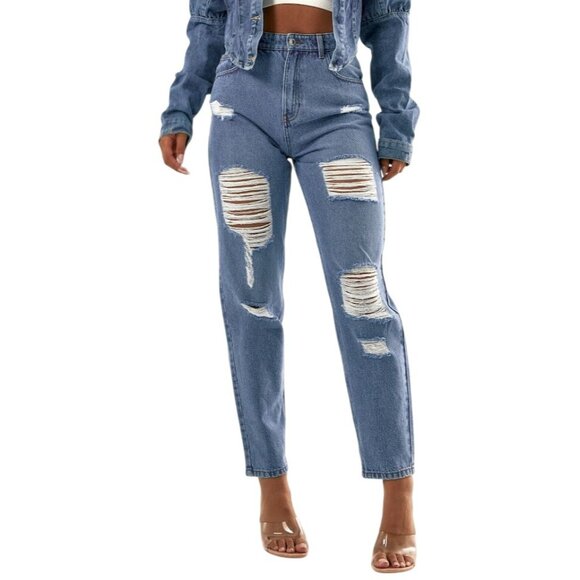 2/$30 NWT PrettyLittleThing Size 6 Distressed Blue Mom Jeans - Picture 5 of 16